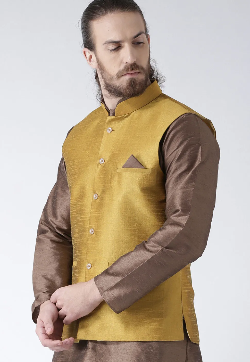 Plain Dupion Silk Nehru Jacket in Beige