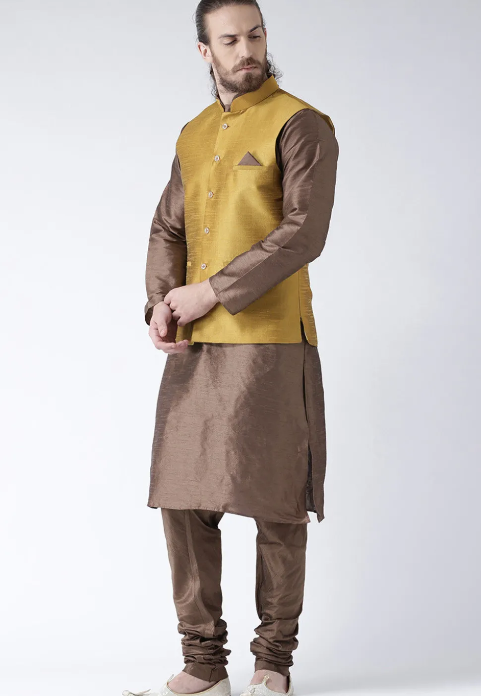 Plain Dupion Silk Nehru Jacket in Beige