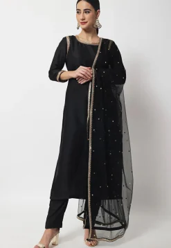 Plain Dupion Silk Pakistani Suit in Black