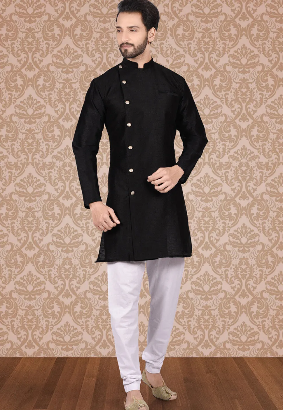 Plain Dupion Silk Sherwani in Black