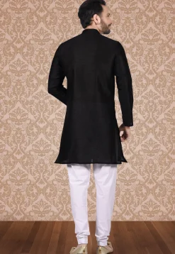Plain Dupion Silk Sherwani in Black