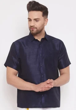 Plain Dupion Silk Shirt in Navy Blue