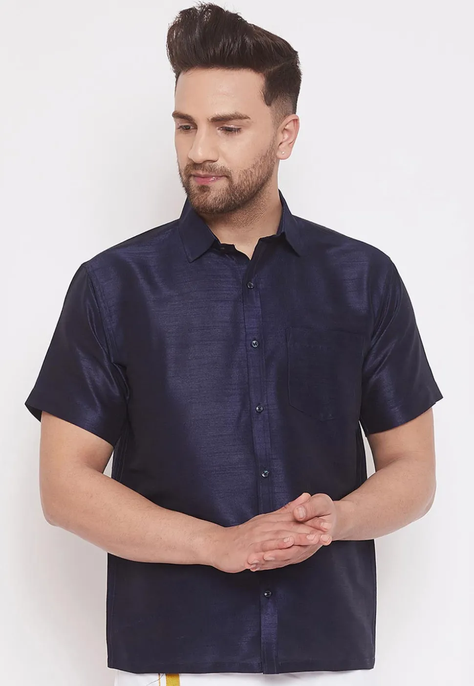 Plain Dupion Silk Shirt in Navy Blue