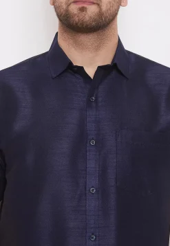 Plain Dupion Silk Shirt in Navy Blue