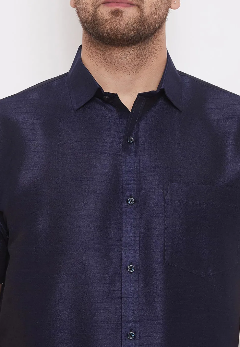 Plain Dupion Silk Shirt in Navy Blue