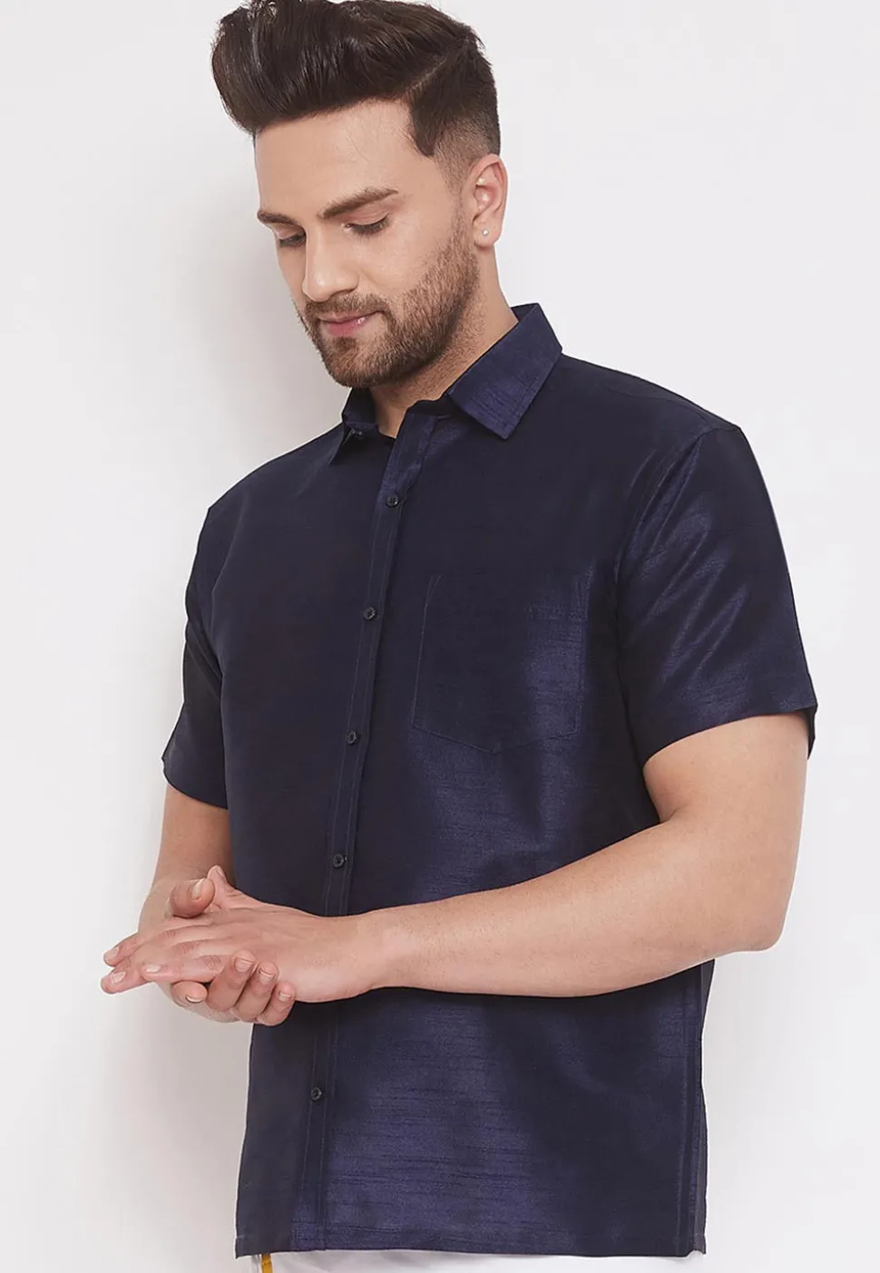 Plain Dupion Silk Shirt in Navy Blue