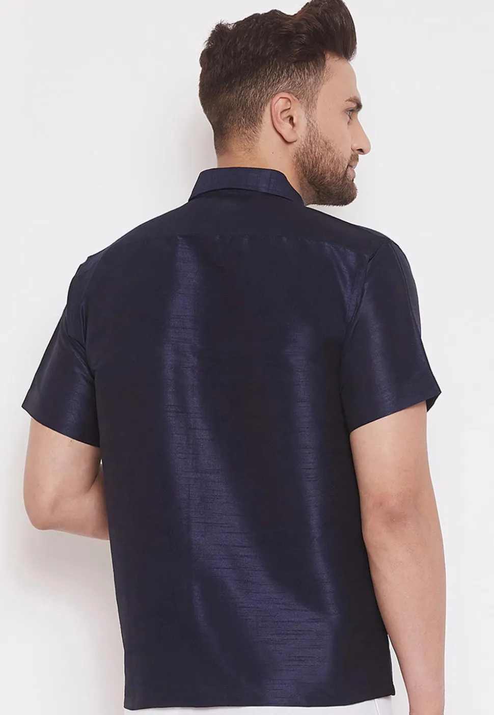Plain Dupion Silk Shirt in Navy Blue