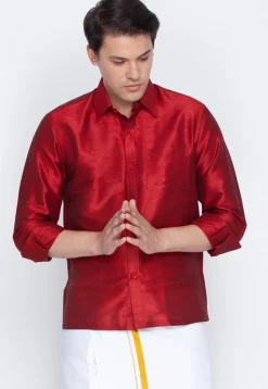 Plain Dupion Silk Shirt in Maroon