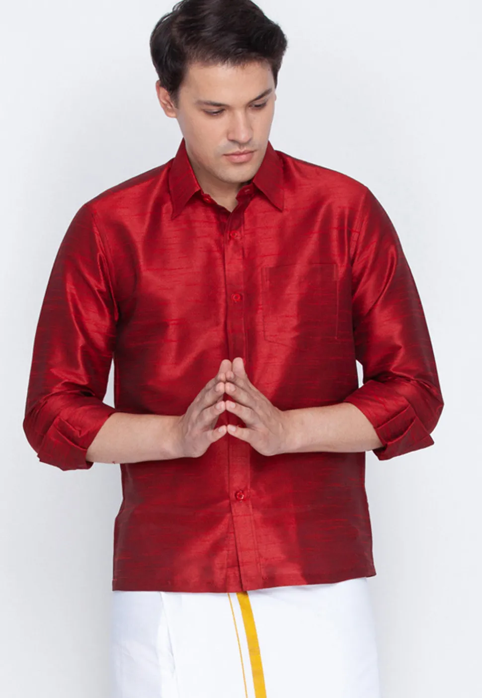 Plain Dupion Silk Shirt in Maroon