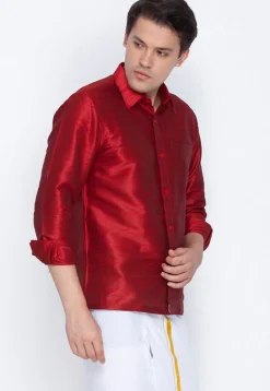 Plain Dupion Silk Shirt in Maroon