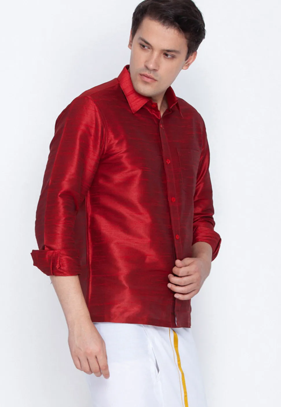 Plain Dupion Silk Shirt in Maroon