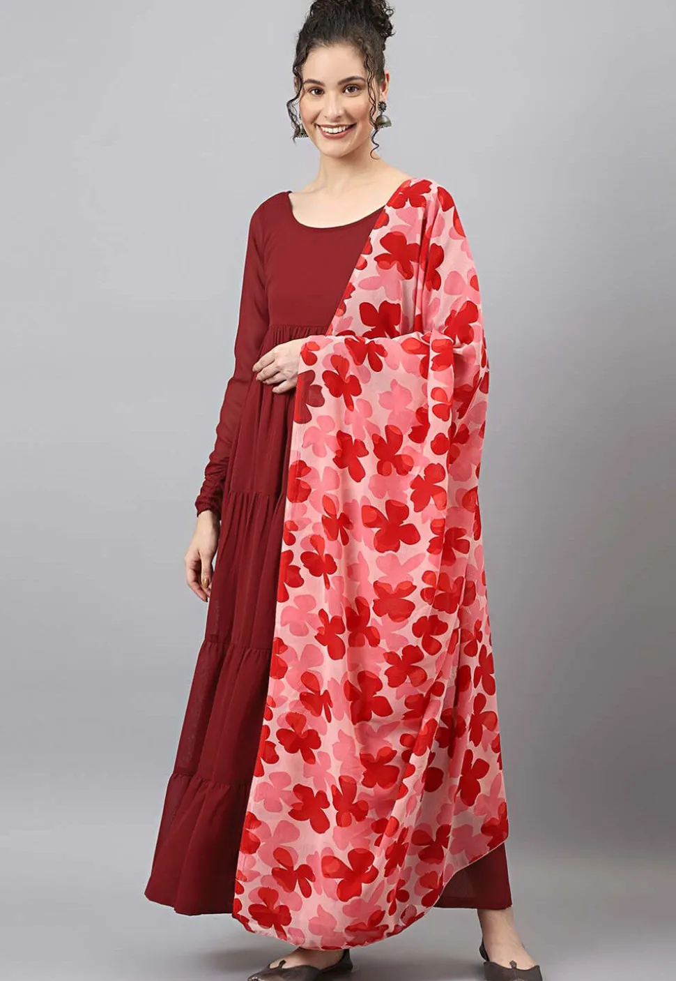 Plain Georgette Abaya Style Suit in Red