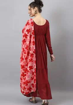 Plain Georgette Abaya Style Suit in Red
