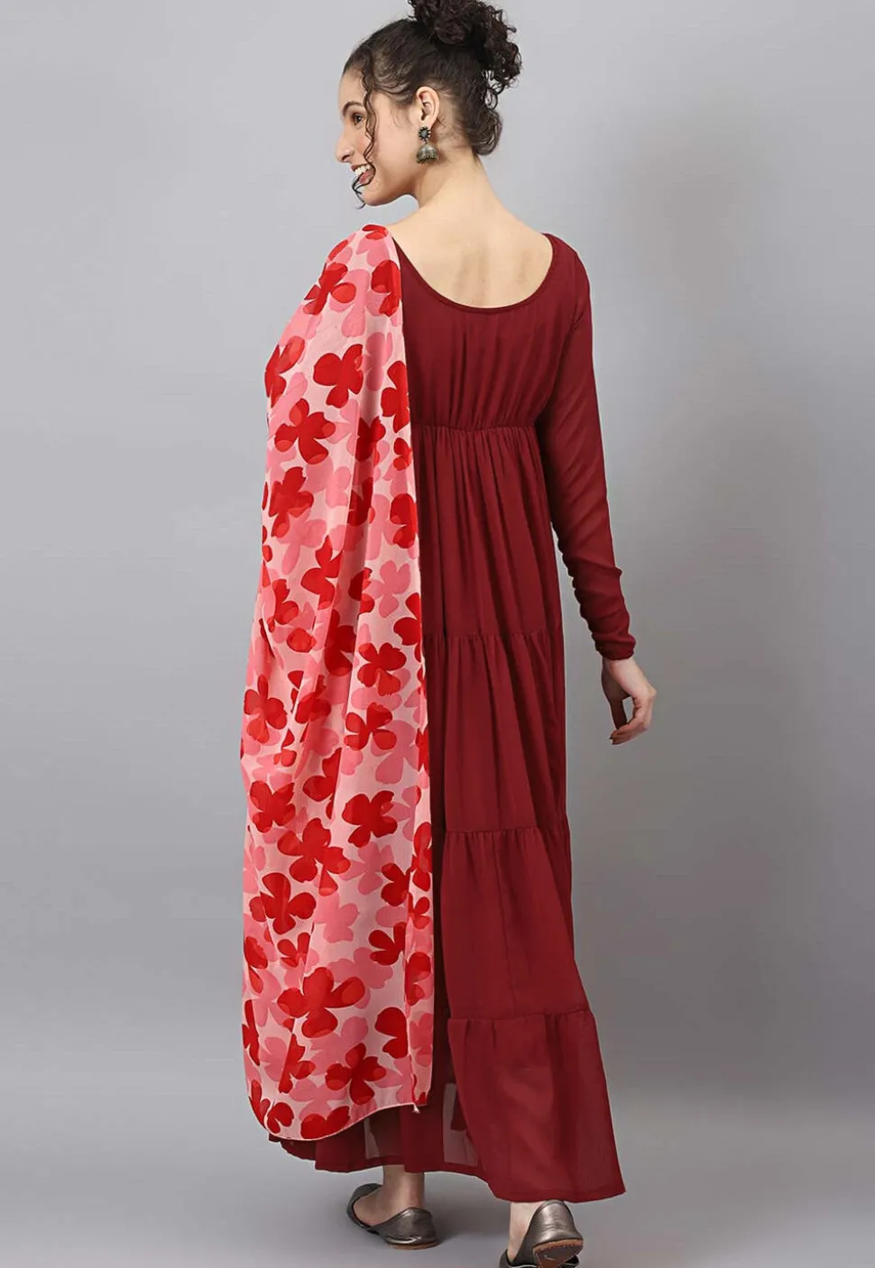 Plain Georgette Abaya Style Suit in Red