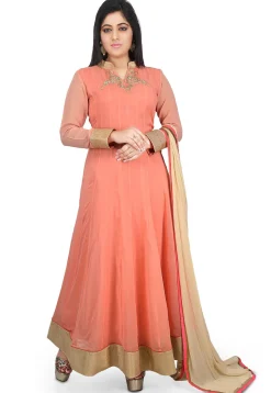 Plain Georgette Abaya Style Suit in Light Peach