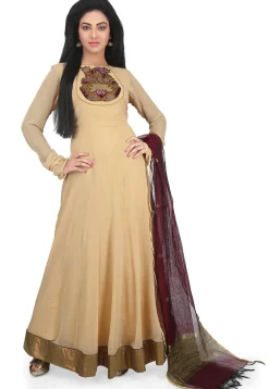 Plain Georgette Abaya Style Suit in Beige