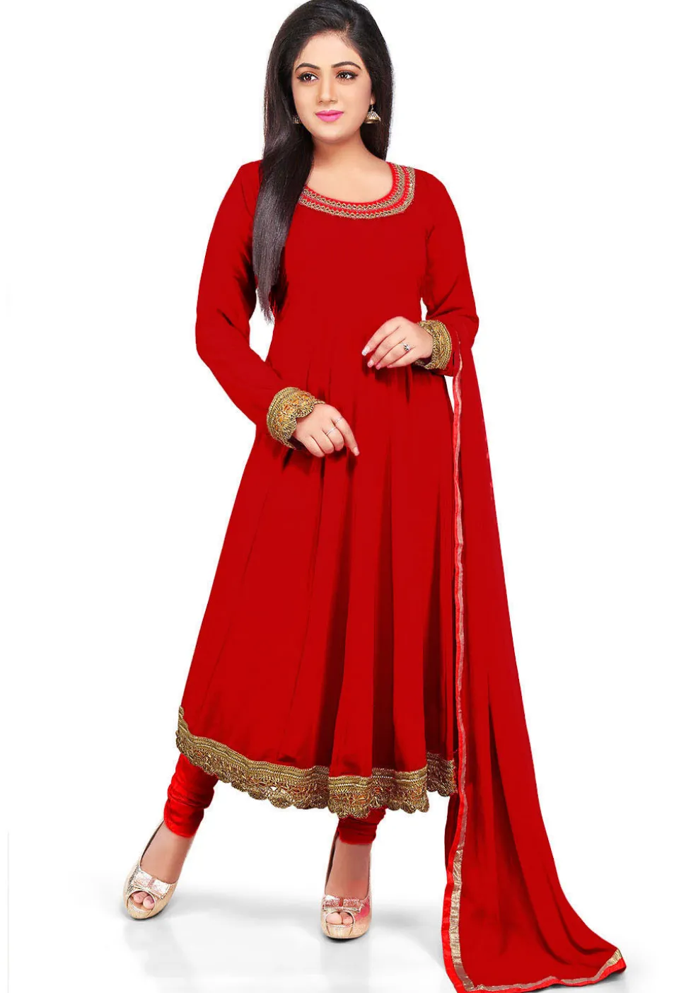 Plain Georgette Anarkali Suit in Red