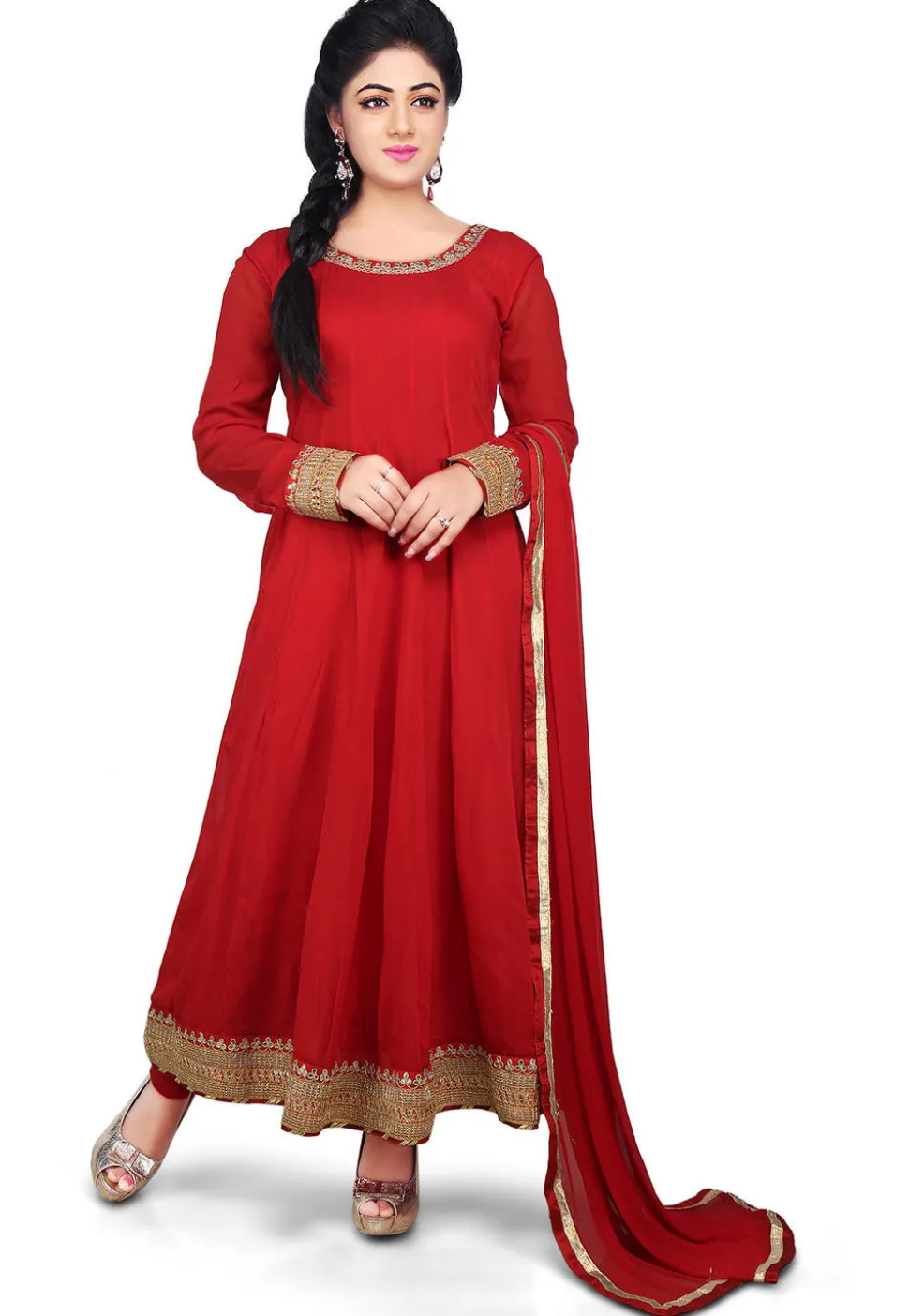 Plain Georgette Anarkali Suit in Red
