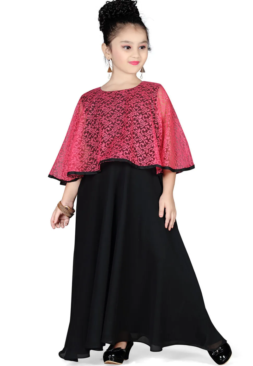 Plain Georgette and Net Gown in Black and Pink