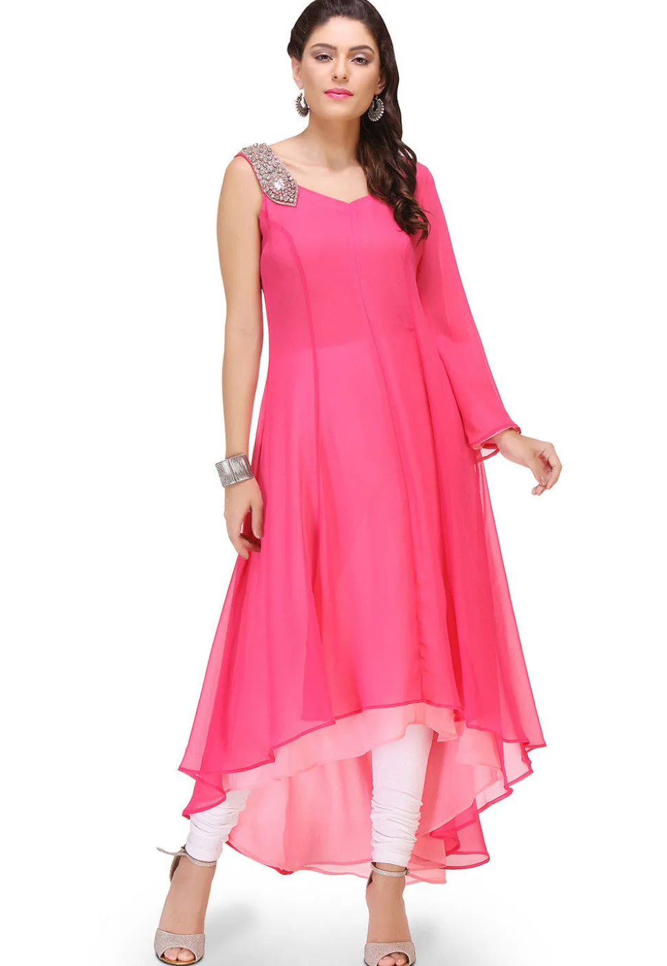 Plain Georgette Asymmetric Dress in Fuchsia