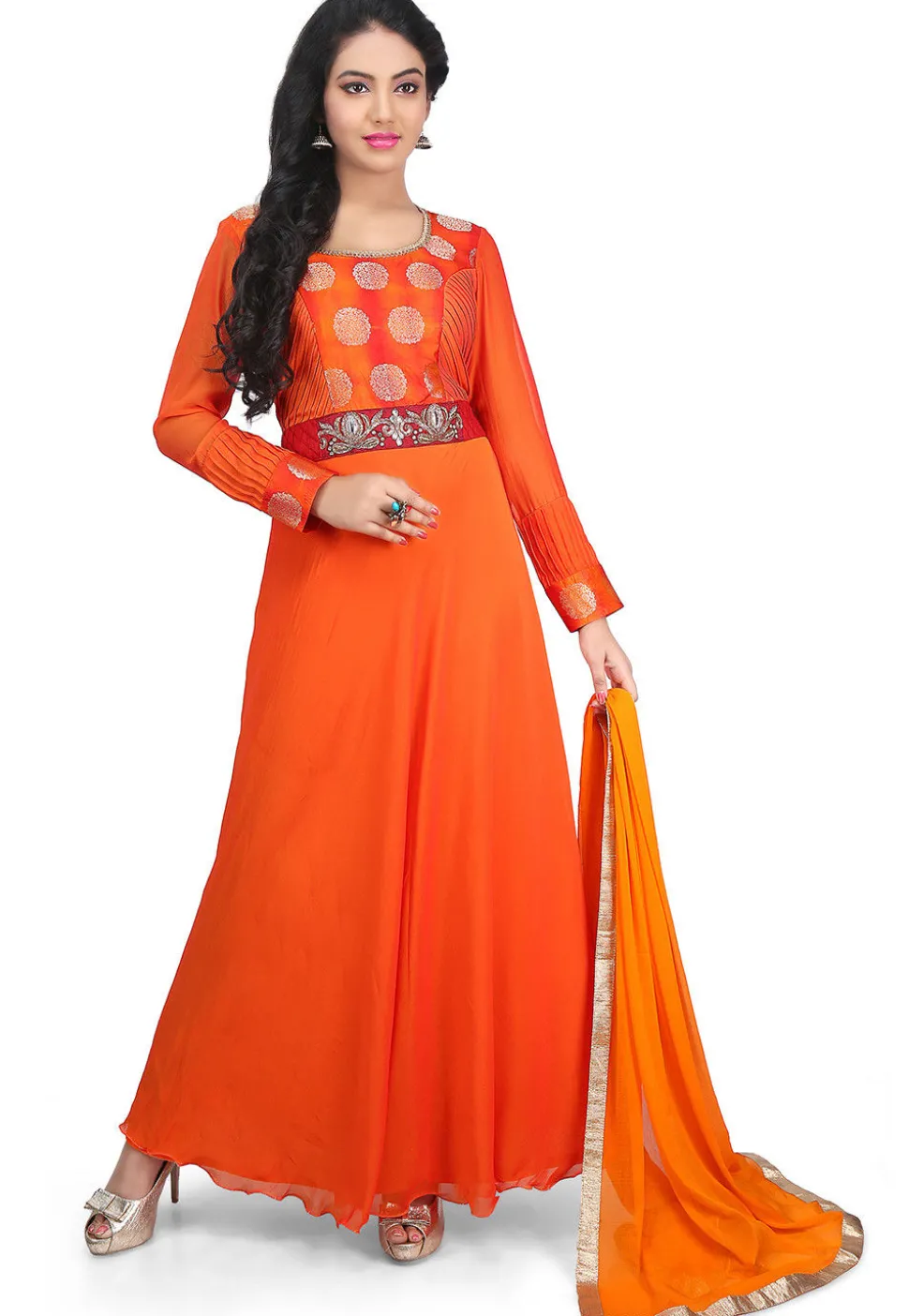 Plain Georgette Flared Suit in Orange Ombre