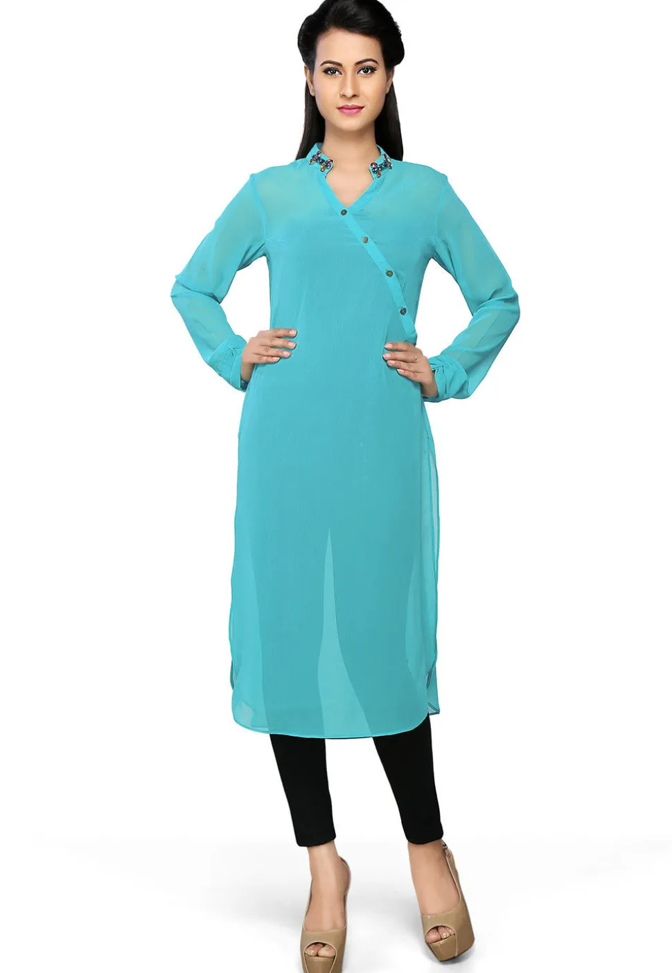 Plain Georgette Kurta in Turquoise