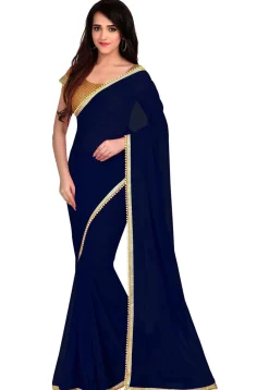 Plain Georgette Saree in Navy Blue