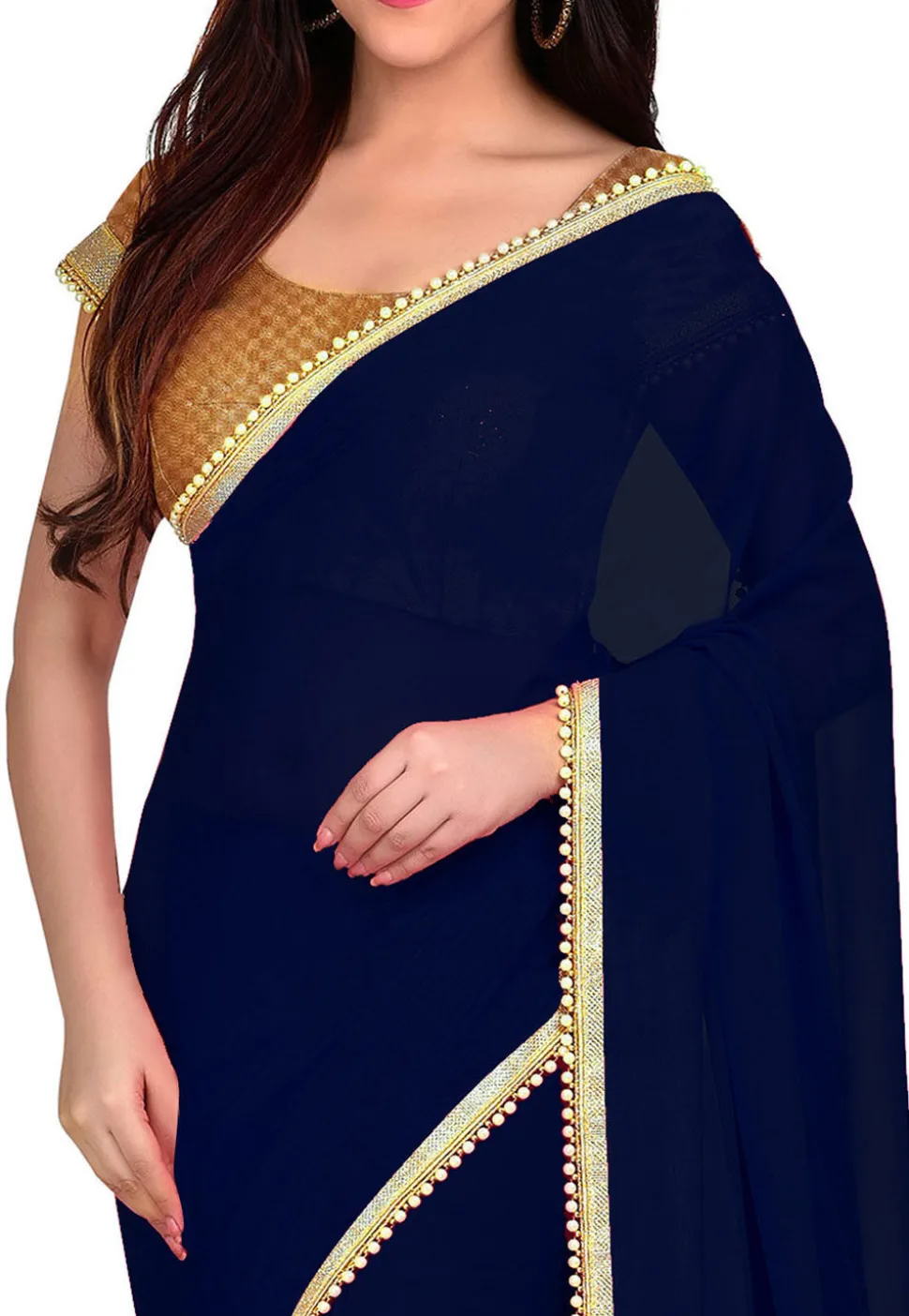 Plain Georgette Saree in Navy Blue