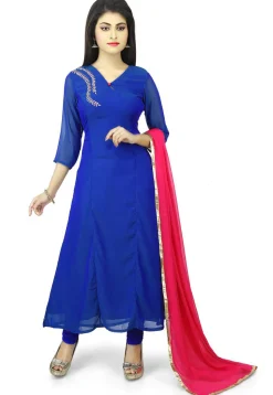 Plain Georgette Straight Suit in Blue