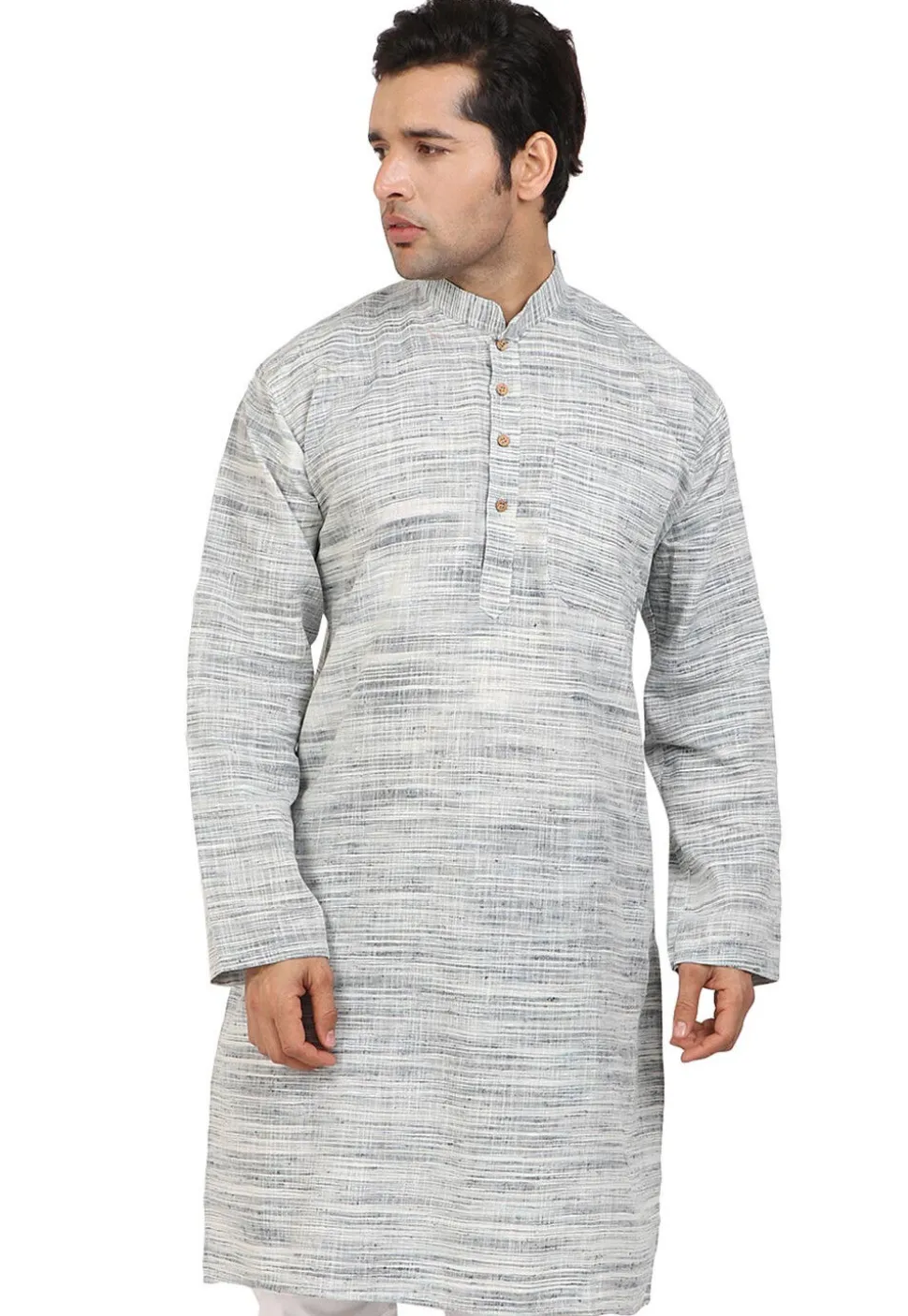 Plain Handloom South Cotton Slub Kurta in Grey and Off White