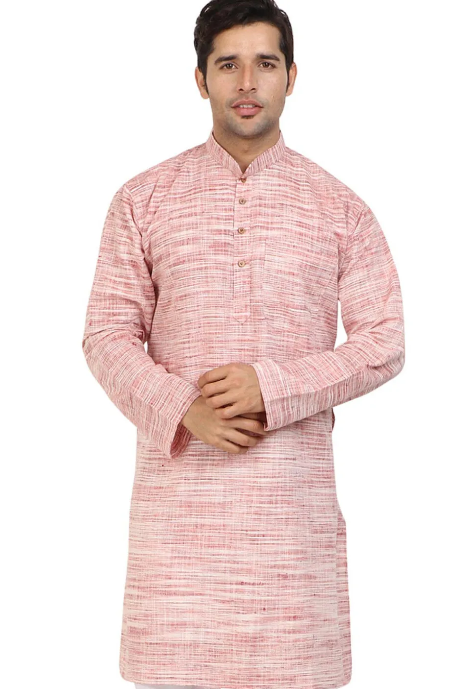 Plain Handloom South Cotton Slub Kurta in Pink and Off White