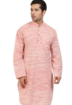 Plain Handloom South Cotton Slub Kurta in Red and Off White
