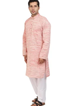 Plain Handloom South Cotton Slub Kurta in Red and Off White