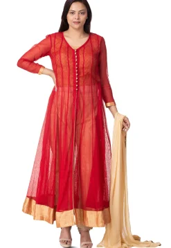 Plain Jute Net Anarkali Suit in Red