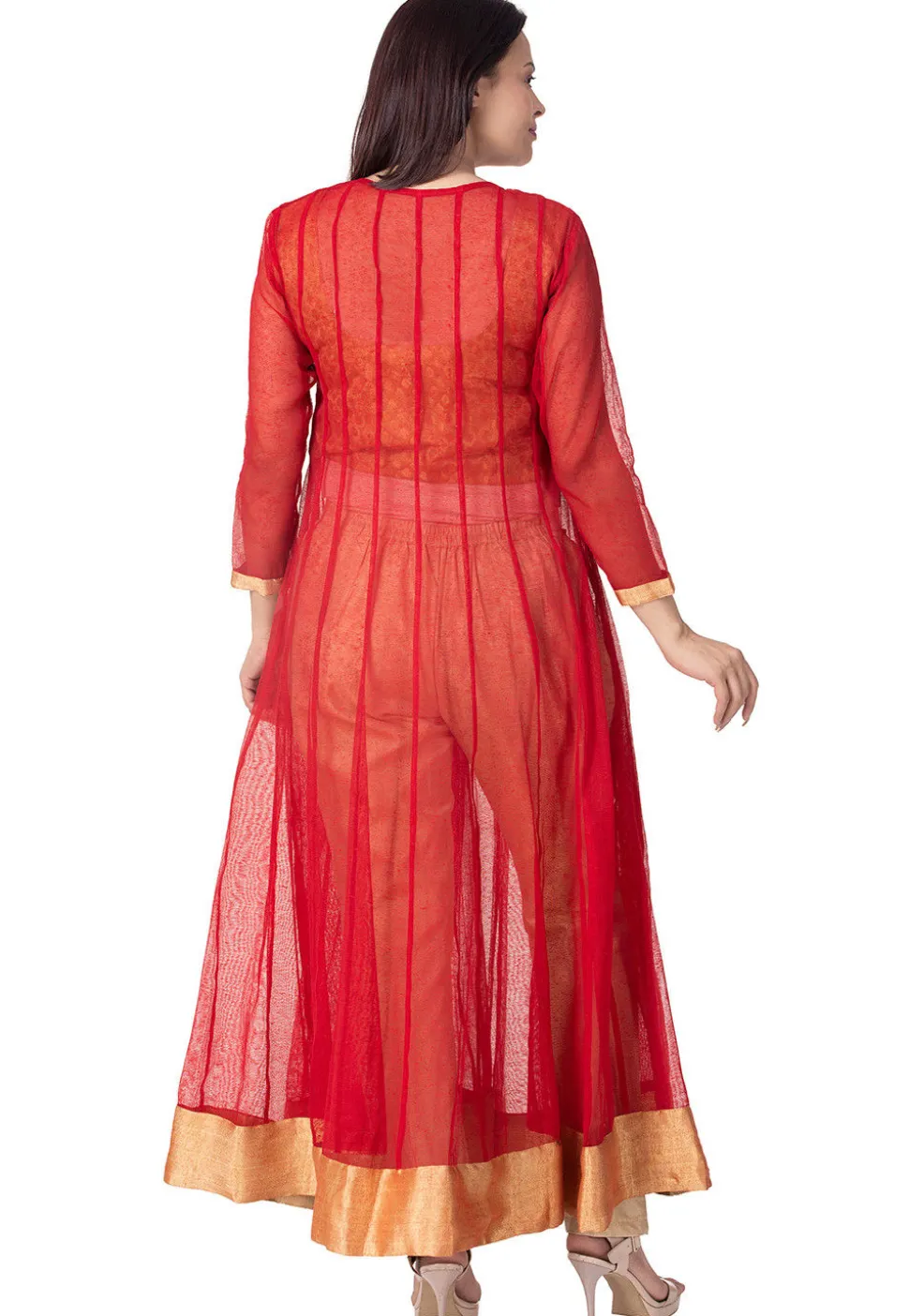 Plain Jute Net Anarkali Suit in Red