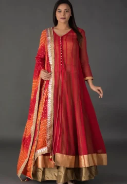 Plain Jute Net Lehenga in Red