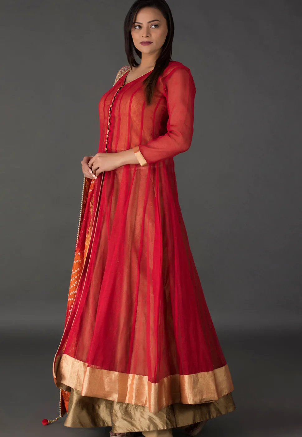 Plain Jute Net Lehenga in Red
