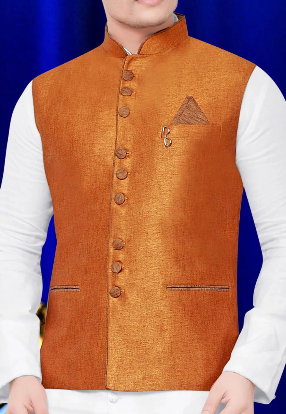 Plain Jute Silk Nehru Jacket in Orange