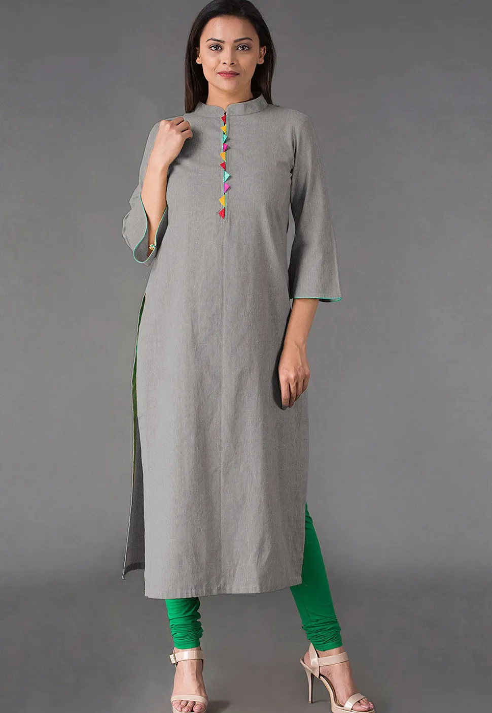 Plain Linen Cotton Straight Kurta in Grey