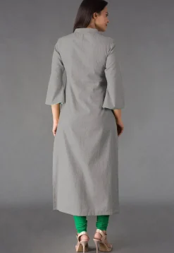 Plain Linen Cotton Straight Kurta in Grey