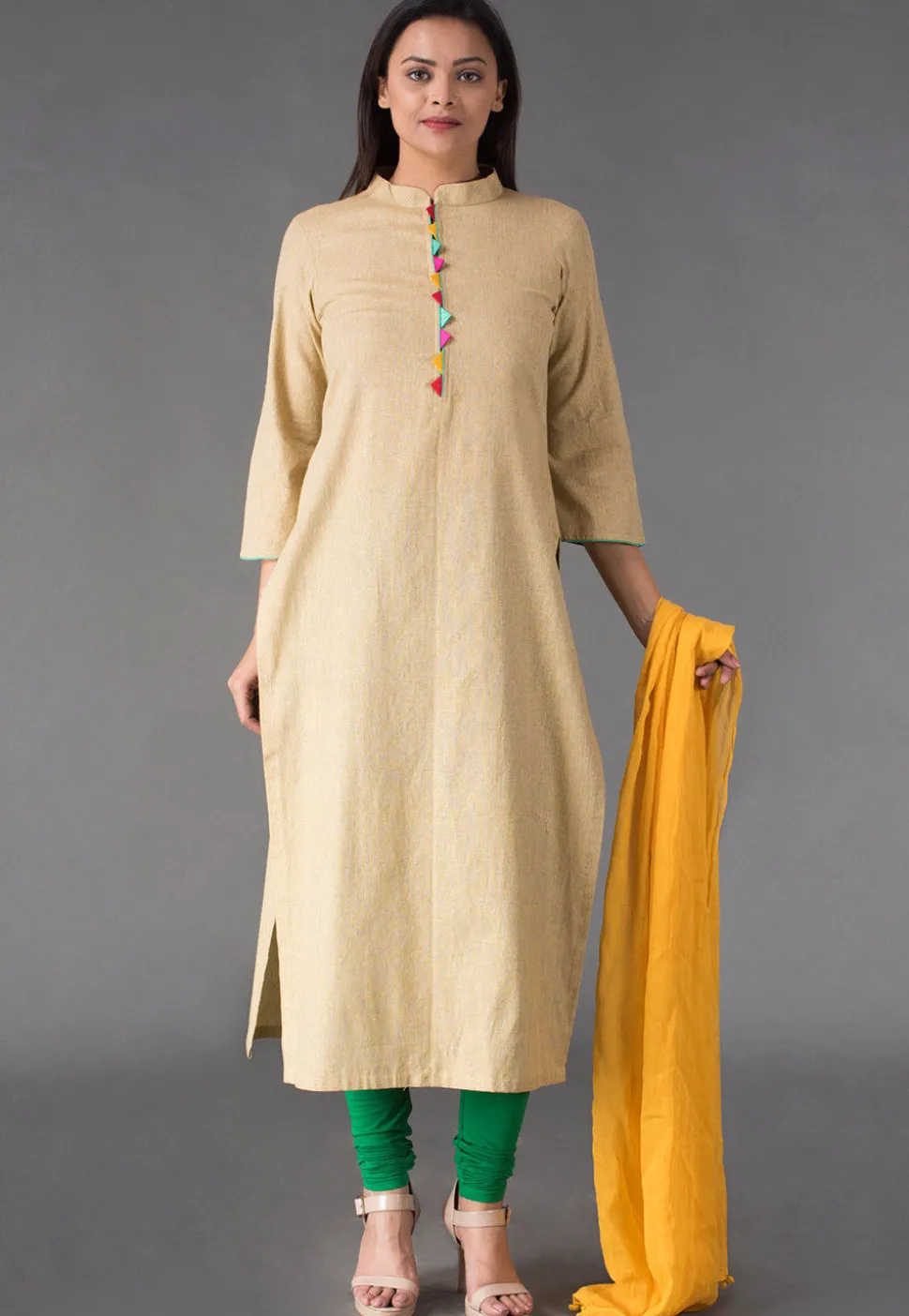 Plain Linen Cotton Straight Suit in Beige