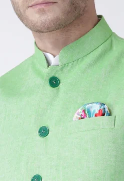 Plain Linen Nehru Jacket in Light Green