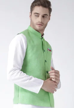 Plain Linen Nehru Jacket in Light Green