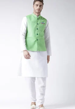 Plain Linen Nehru Jacket in Light Green