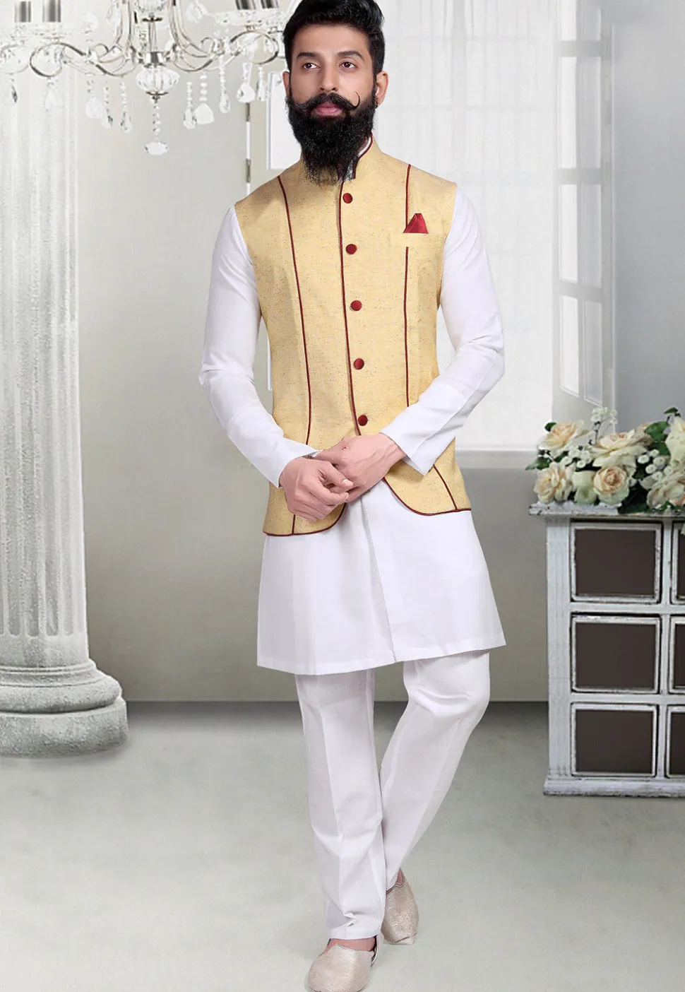 Plain Linen Silk Nehru Jacket in Light Yellow