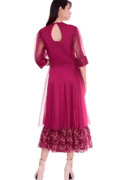 Plain Net A Line Dress in Magenta