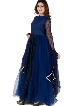 Plain Net Abaya Style Suit in Navy Blue