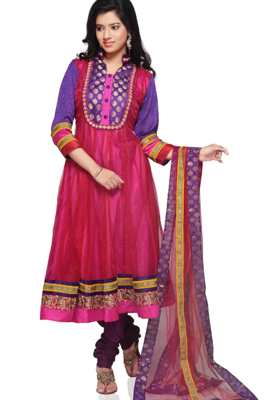 Plain Net Anarkali Suit in Red