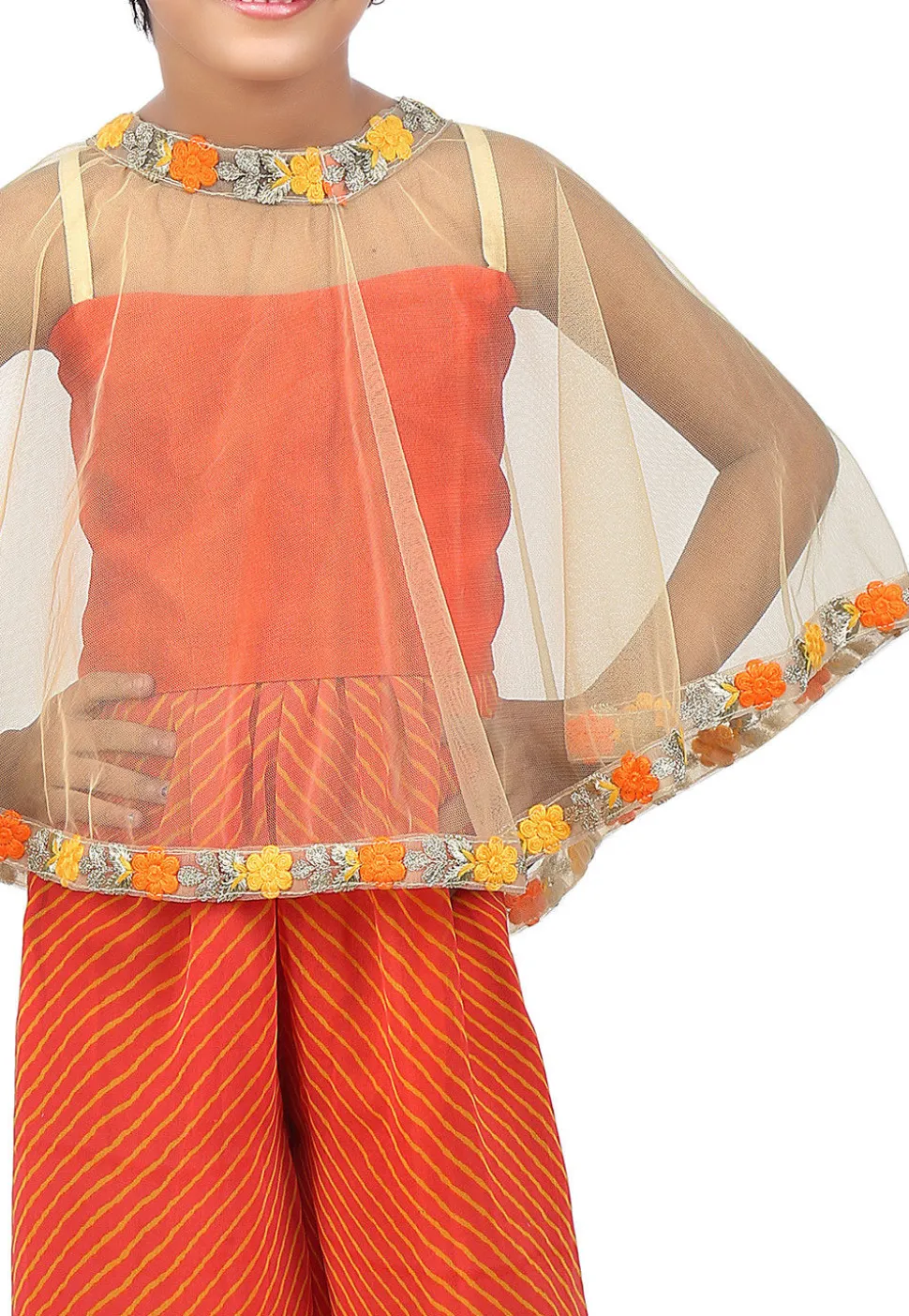 Plain Net Cape Top Set in Beige