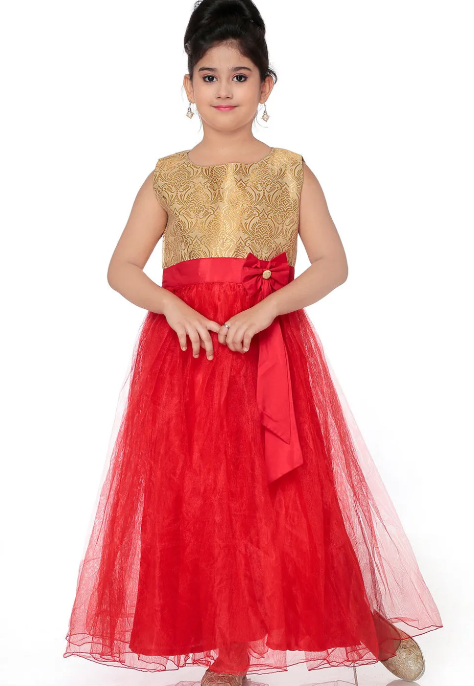 Plain Net Flared Gown in Red and Beige